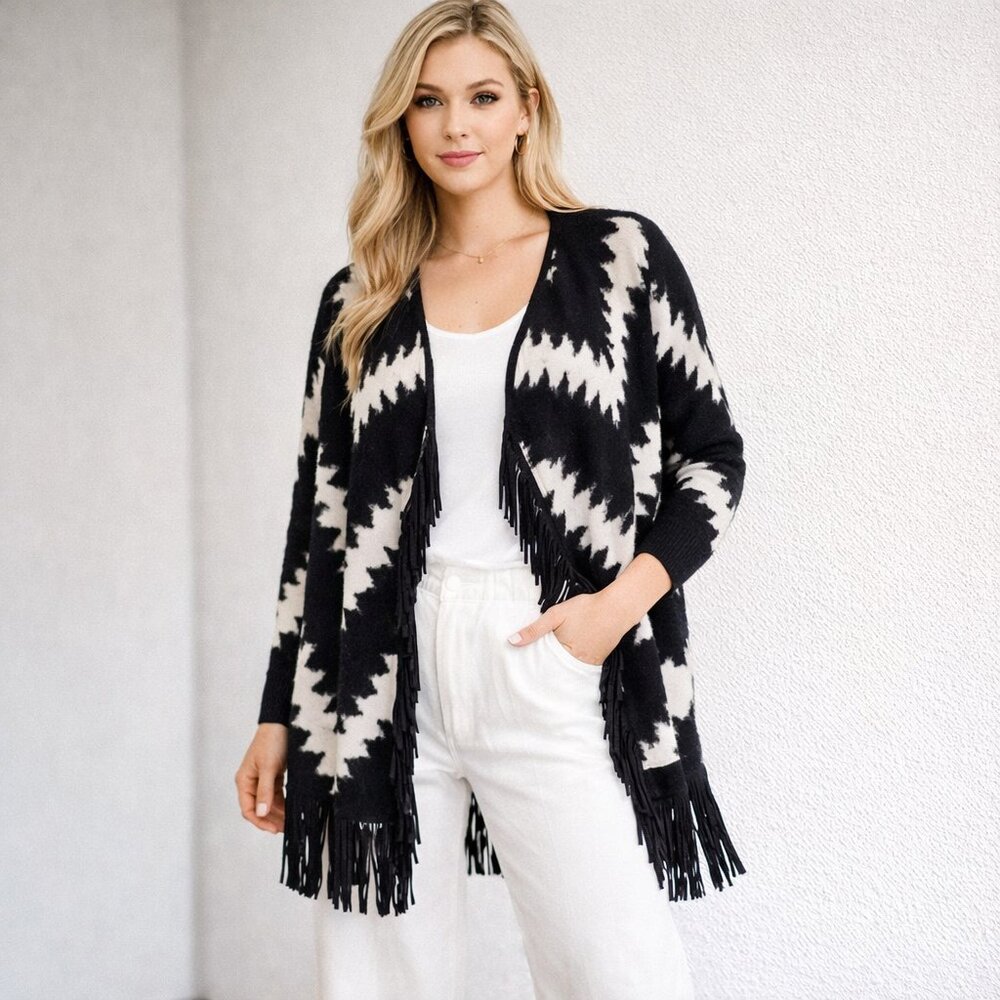 INC International Concepts Black White Fringe Open-Front Cardigan Ikat Print S P